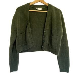 Zara cropped forest green knit cardigan sweater pockets women's size L casual